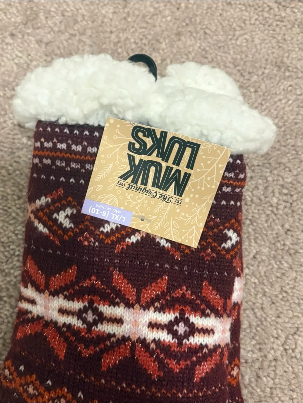 Muk Luks Women’s NEW Cozy Festive Sherpa Slipper Socks w/ Grip Size L/XL (8-10)